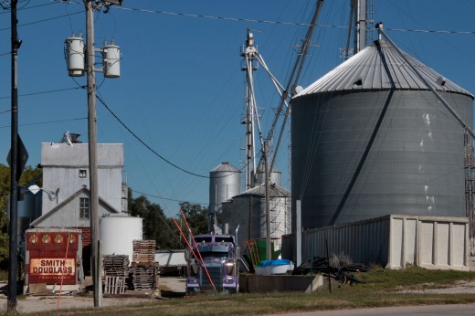 Pink truck and silo, W Elm Street, Eldon, Iowa